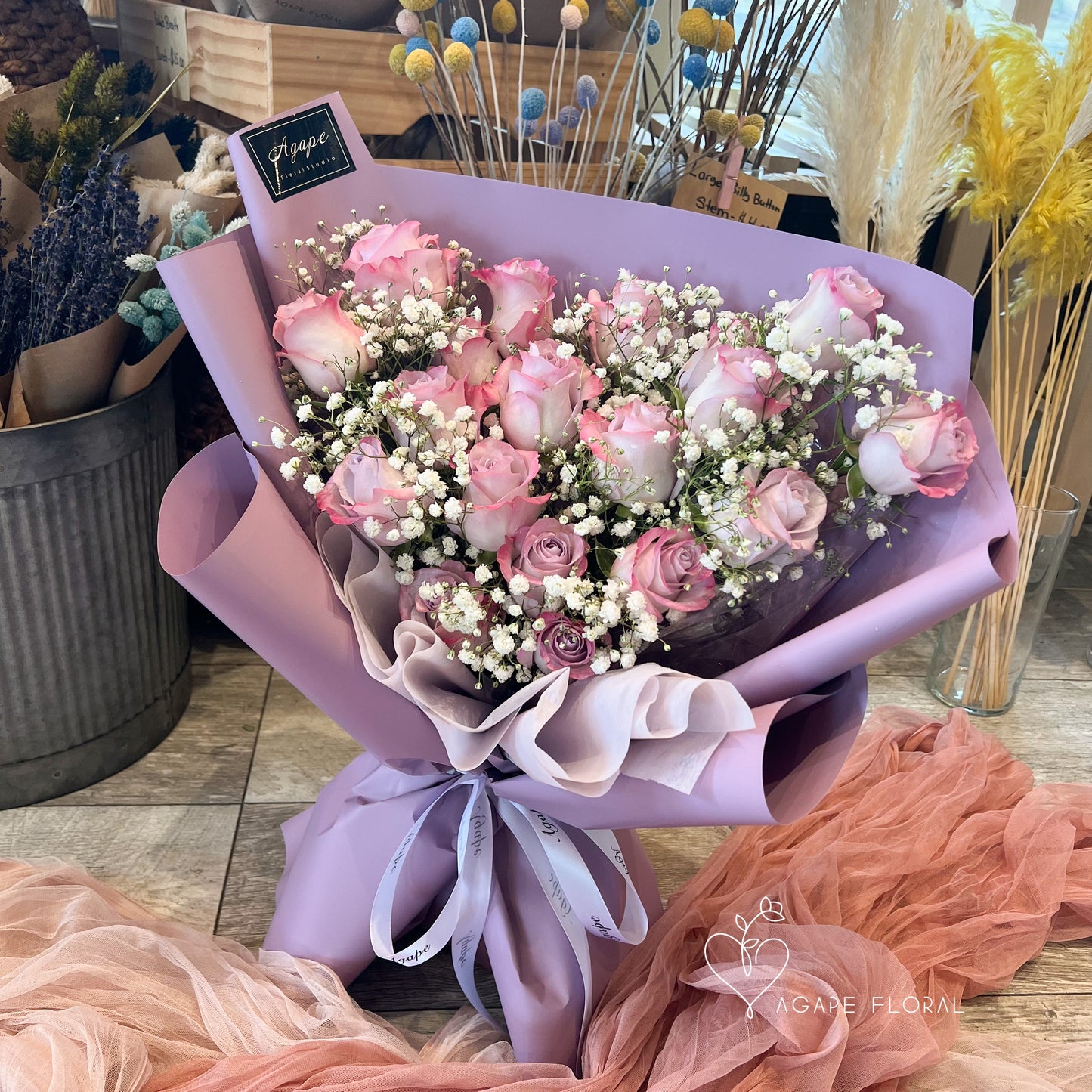 Snowy Purple Rose Bouquet